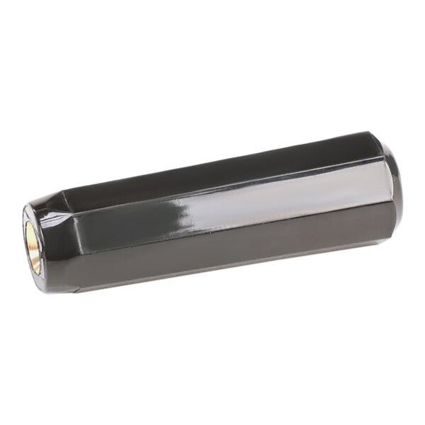 A black and white metal cylinder with a white plastic tube and gold handle.