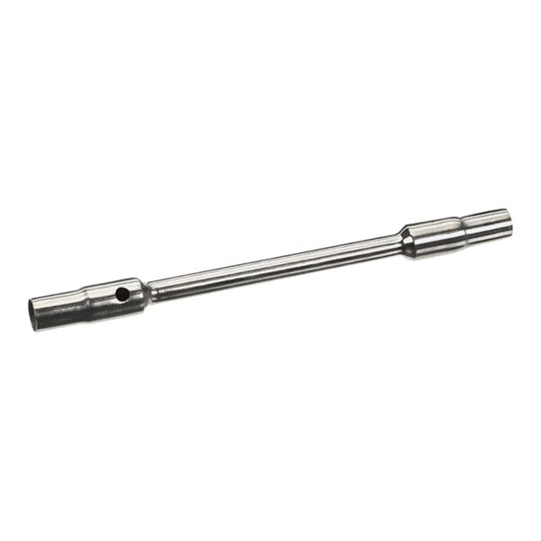 A stainless steel metal rod with a hole at the end.