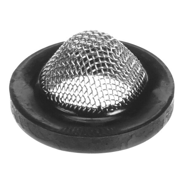 A black metal mesh filter with a hole in it.