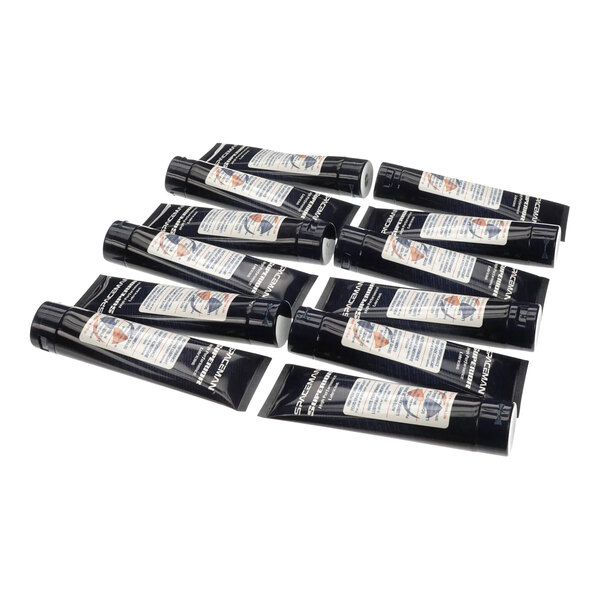 A pack of 12 black tubes of Spaceman food-grade machine lubricant with white labels.