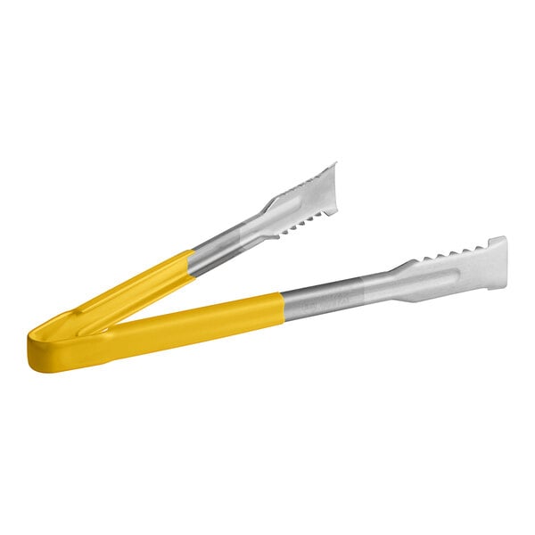 Fourté stainless steel tongs with yellow coated handles.