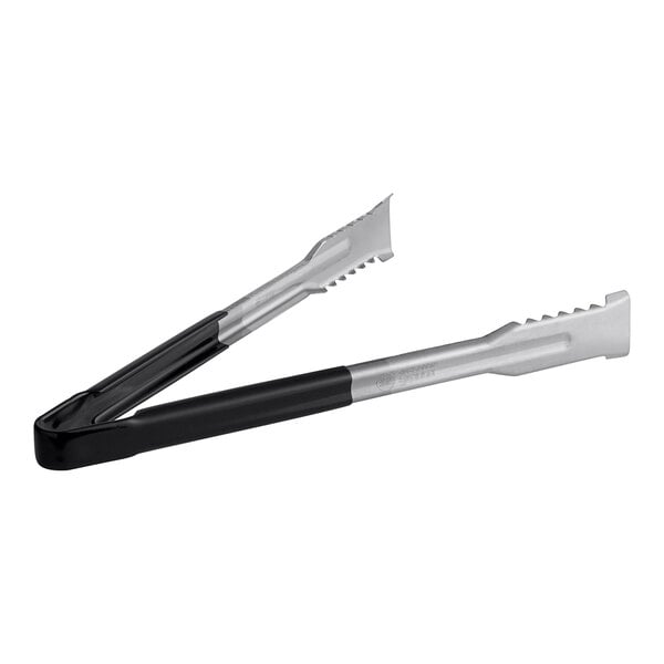 Fourté stainless steel tongs with black handles.
