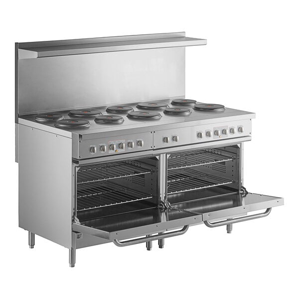 A stainless steel Cooking Performance Group 60" electric range with two ovens on a counter.