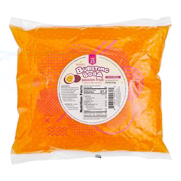 A plastic bag of Bossen Pure25 Passion Fruit Bursting Boba on a white background.