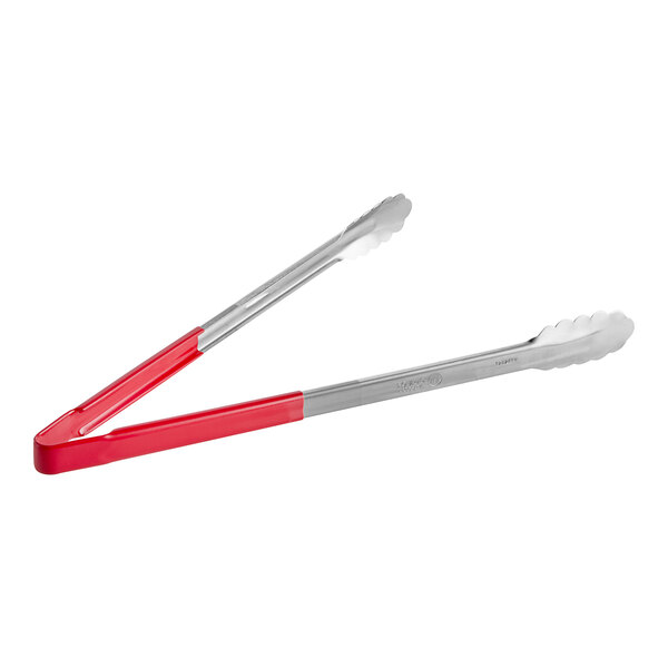 A Fourté stainless steel scalloped tongs with red-coated handles.