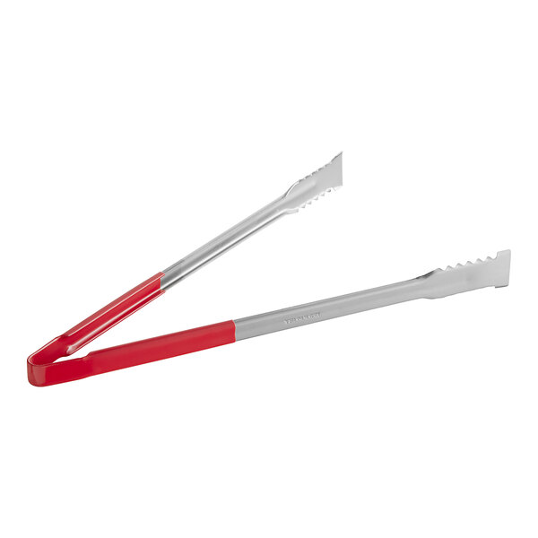 Two Fourté grill tongs with red coated handles and stainless steel grips.