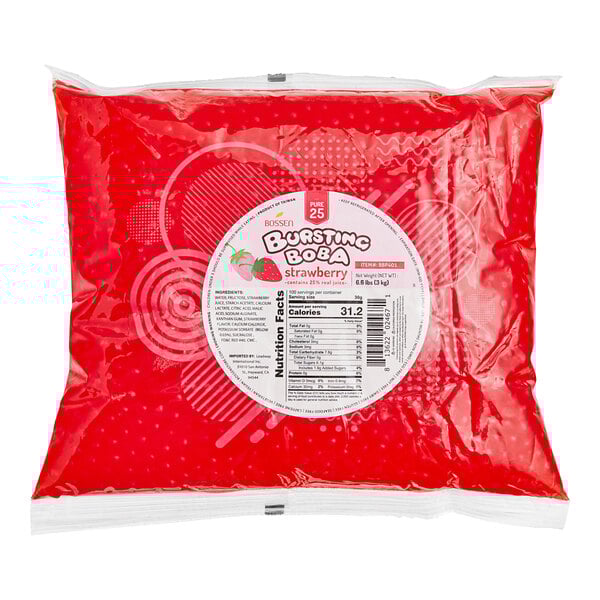A red plastic bag with a label that reads "Bossen Pure25 Strawberry Bursting Boba" in white text.