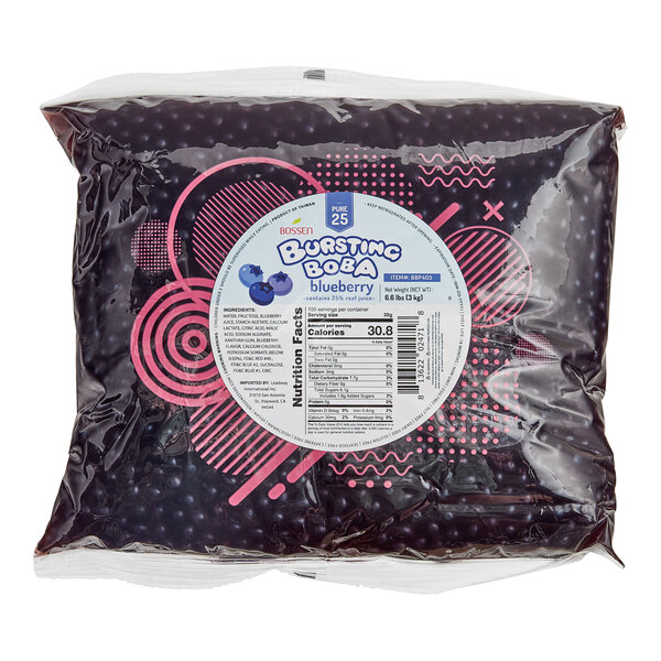 A white bag of Bossen blueberry bursting boba with blue text.