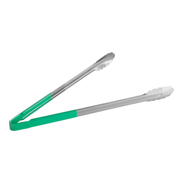 Two Fourt&#233; stainless steel tongs with green coated handles.