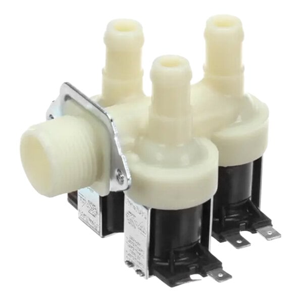 A white plastic Alto-Shaam triple solenoid valve with metal connectors.