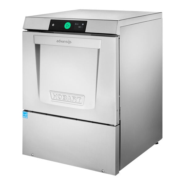 A silver Hobart LXNR-1 undercounter dishwasher with a green button.