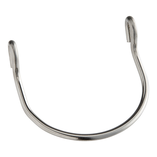 A silver metal hook with a ring on it.