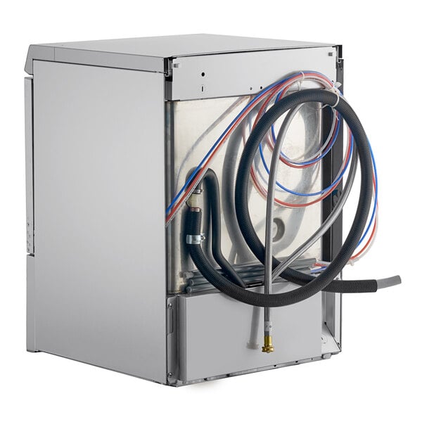 A commercial undercounter dishwasher with visible hoses and connections on the back.