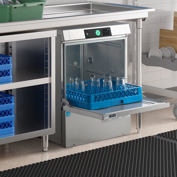 A commercial undercounter dishwasher with a blue rack holding glassware, designed for low temperature chemical sanitizing.