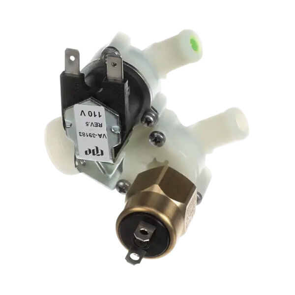 A white plastic water solenoid valve with a metal cap.