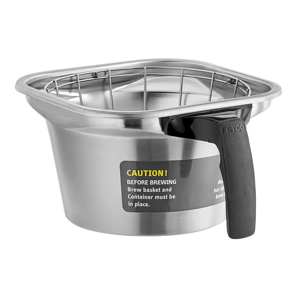 A stainless steel brew basket with a handle.