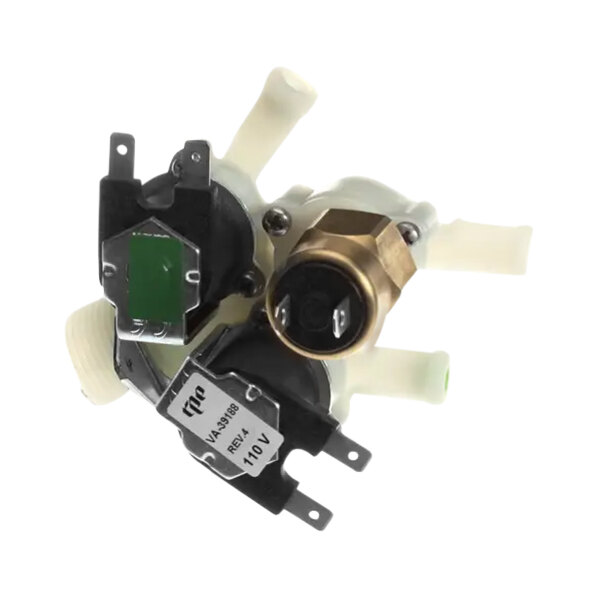 A close-up of an Alto-Shaam 3-port solenoid valve with a white and black device and green and black plugs.