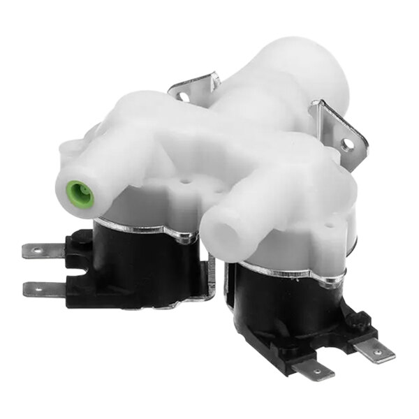 A white water solenoid valve with two green coils.