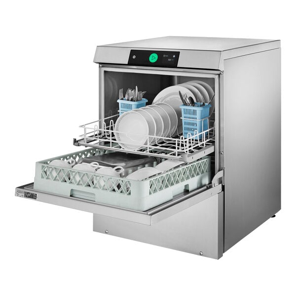 An open Hobart undercounter dishwasher with plates on the shelves.