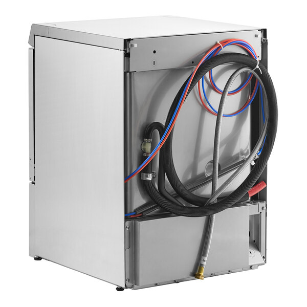 A commercial undercounter dishwasher with visible hoses and wiring on the back panel.