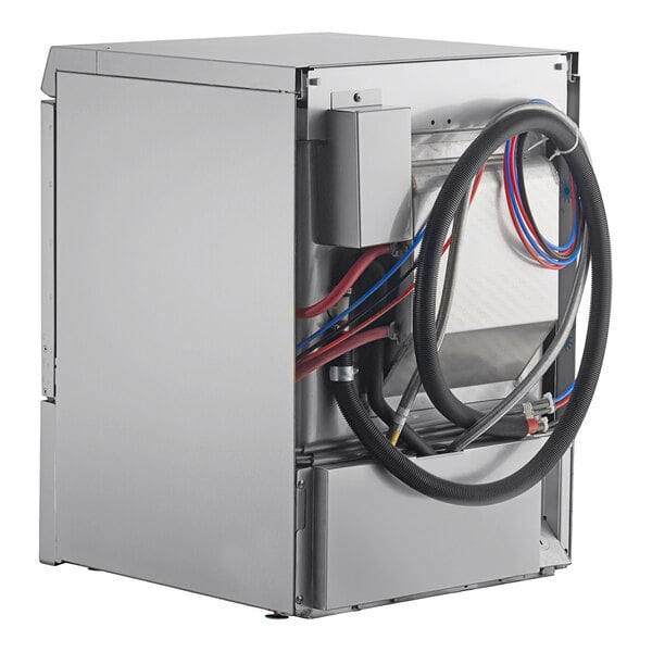 A commercial undercounter dishwasher with visible hoses and wiring on the back panel.