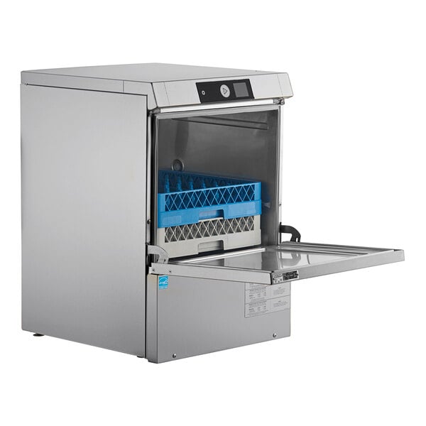 A stainless steel undercounter commercial dishwasher with an open front door and a blue dish rack inside.