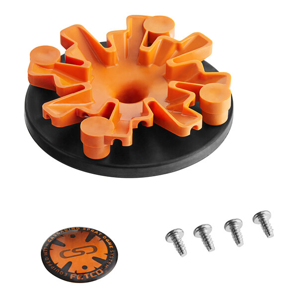 An orange and black plastic piece with screws and nuts.