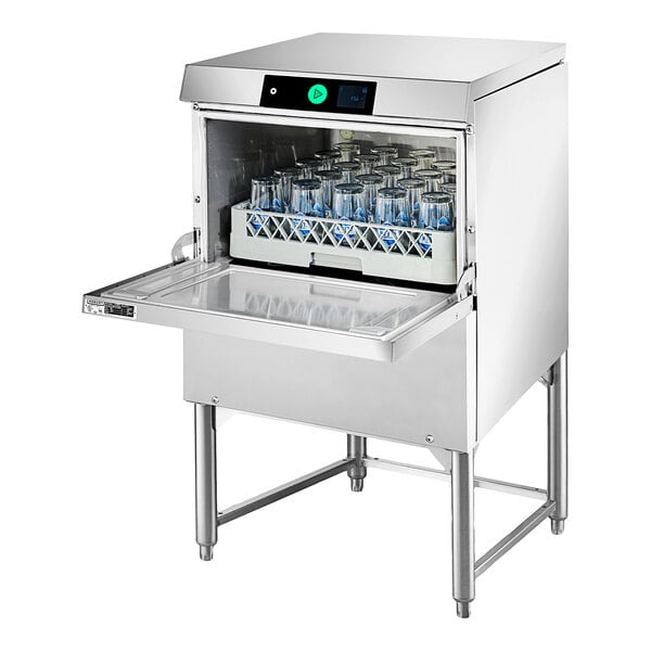 A Hobart stainless steel glass washer with a glass door.