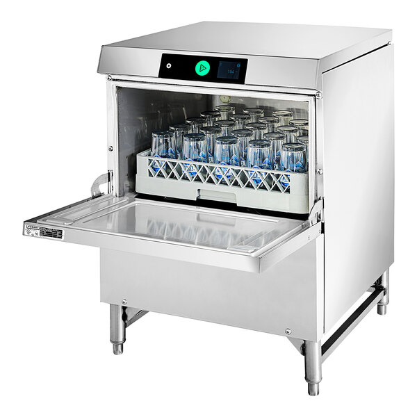 A Hobart stainless steel undercounter glass washer with bottles inside.