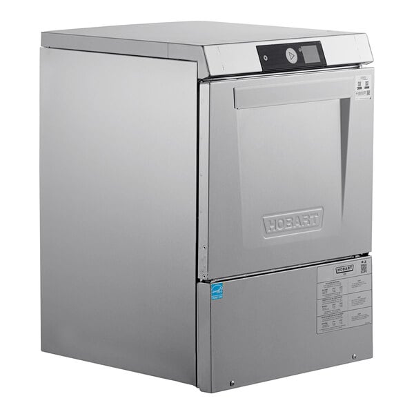 A stainless steel Hobart LXNH-1 high temperature undercounter dishwasher.