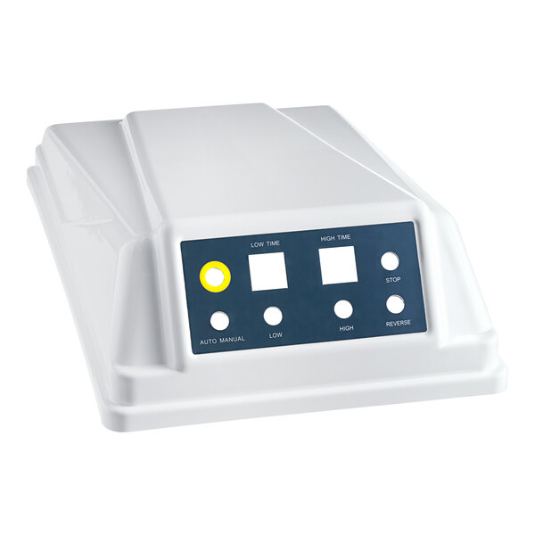 A white box with blue and yellow buttons.