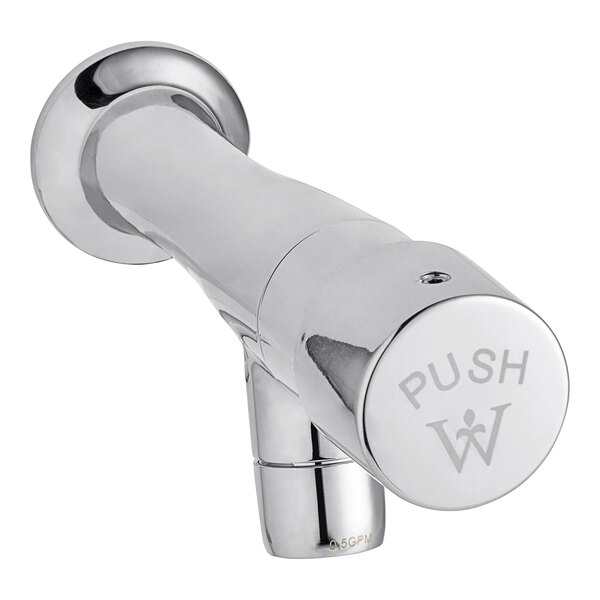 A chrome Waterloo wall-mount metering faucet.