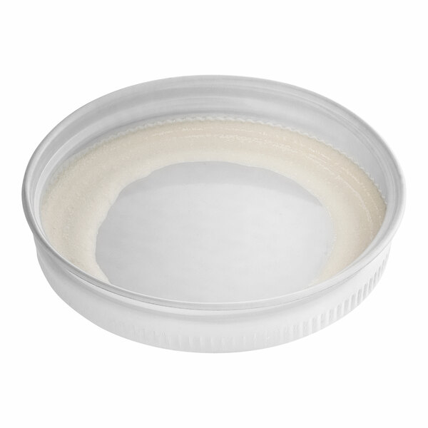 A white metal lid with a plastisol liner on a white background.