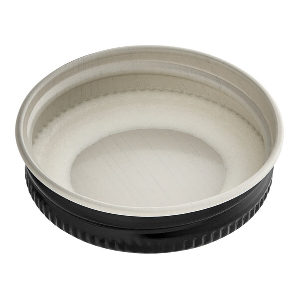 A 38/400 black metal lid with a white plastisol liner.
