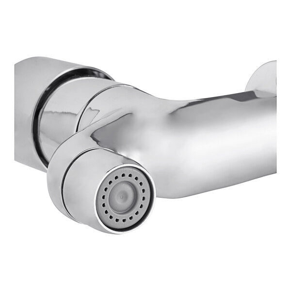 A silver Waterloo wall-mount metering faucet with a nozzle.