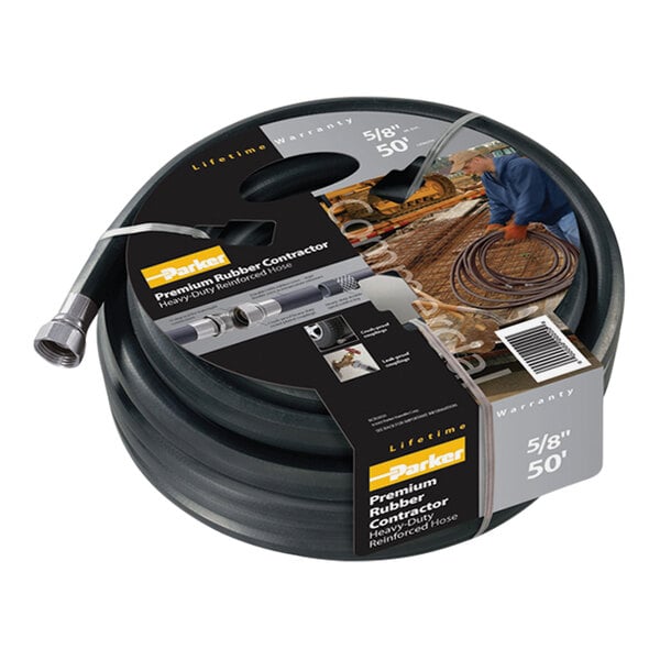 A package with a black rubber Parker Contractor's water hose.