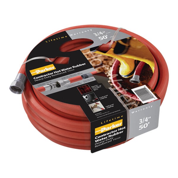 A close-up of a red Parker Premium hot water hose with a yellow stripe.
