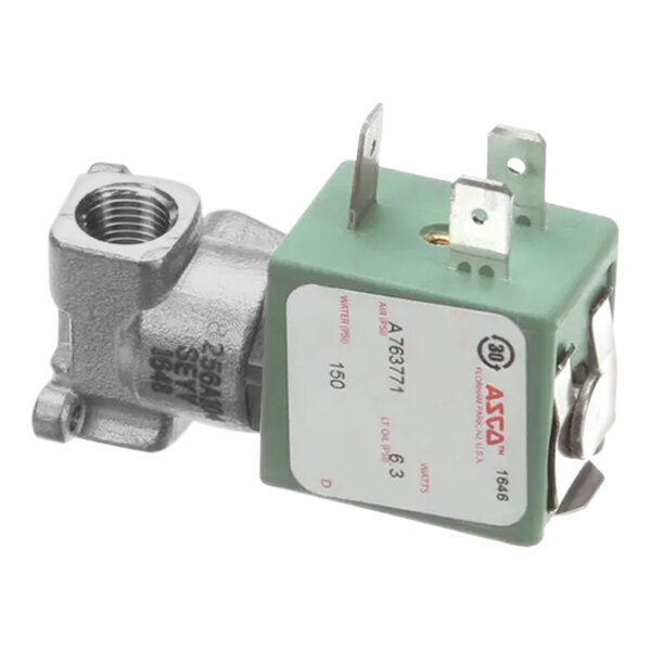 A close-up of a Henny Penny solenoid valve with a green handle.