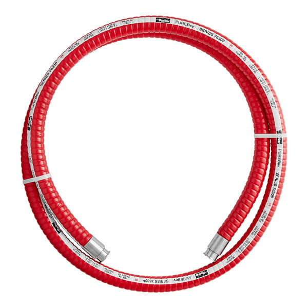 A red Parker PureBev delivery and suction hose with white stripes.