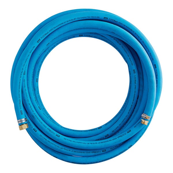 A blue Parker PureWash washdown hose with brass fittings and gold connections.