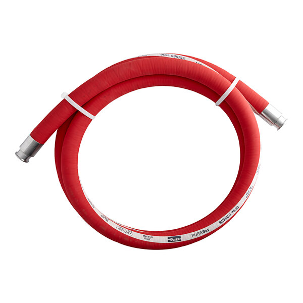 A Parker PureBev delivery and suction hose with crimp ferrule or clamp end connections. A red hose with white tape on the ends.