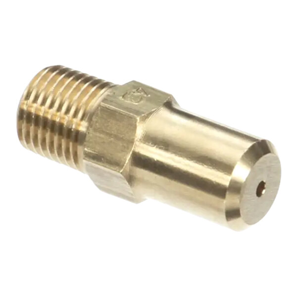 A close-up of a gold metal circular screw threaded brass nozzle.