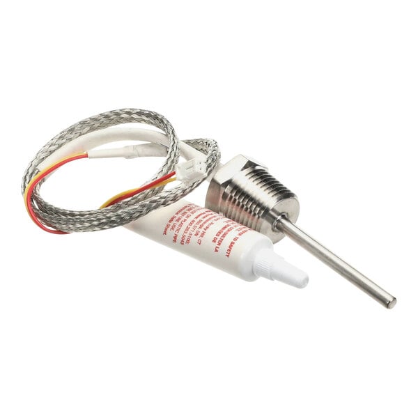 A white tube with red and yellow wires and a white tube with red text that says "Frymaster temperature probe"