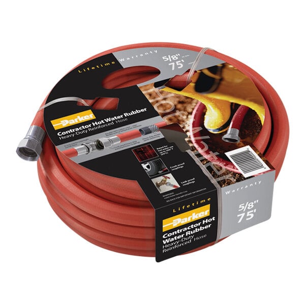 A roll of red rubber Parker Premium hot water hose with yellow text.