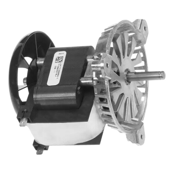 A black and silver electric motor with a gear on a white background.