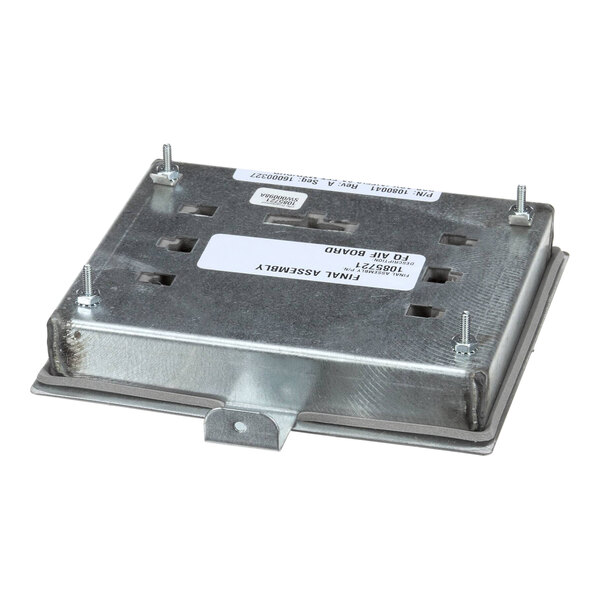 A metal square Frymaster actuator board with white labels.