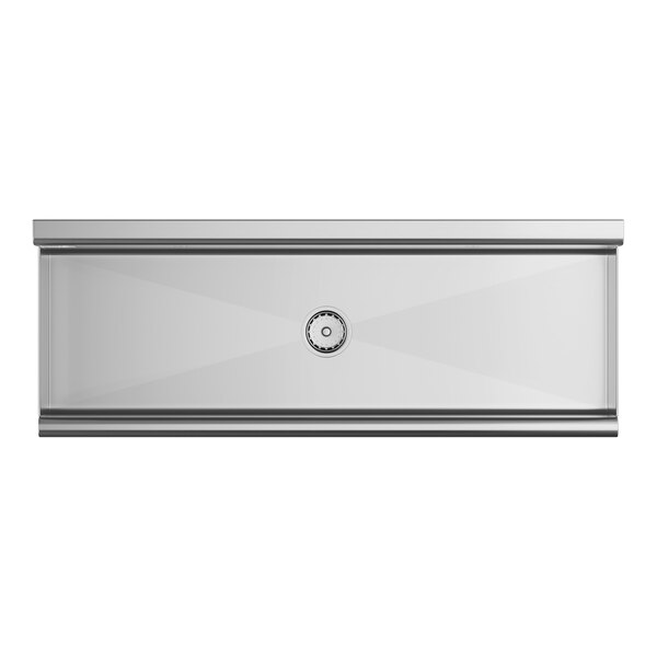 A rectangular stainless steel sink with a centered drain and clean, angular lines.