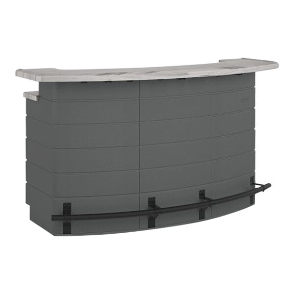 A grey Suncast outdoor bar with black handles and a marble counter.