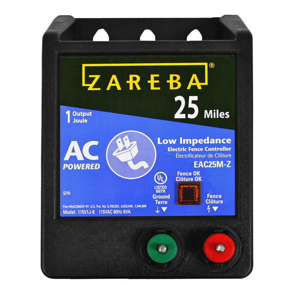 A black Zareba electric fence charger with a blue label and buttons.