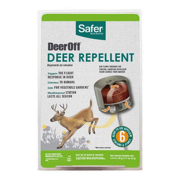 A white box with green and white Safer logo containing 6 Safer DeerOff deer repelling stations.